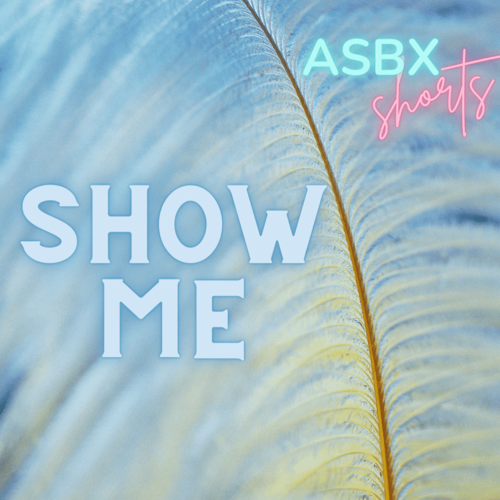 A long feather arcs vertically against a pastel background. Text reads: ASBX shorts SHOW ME. Click Here to Listen
